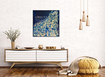 image of Lorien Eck painting, Blue Gold Basic Goodness 1 on a wall above a credenza